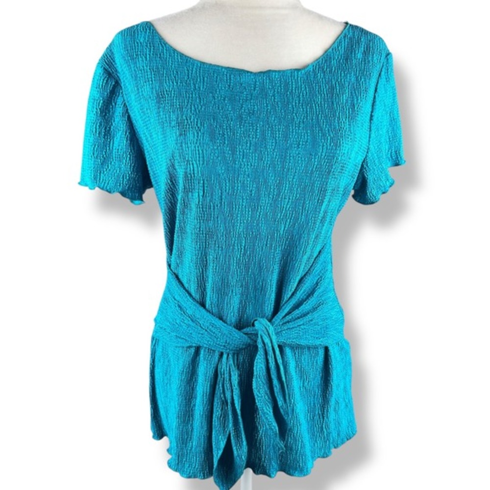 Y2K 2000s Teal Blue Crinkle Tunic Top Womens Size Medium Tie Waist Vibrant USA